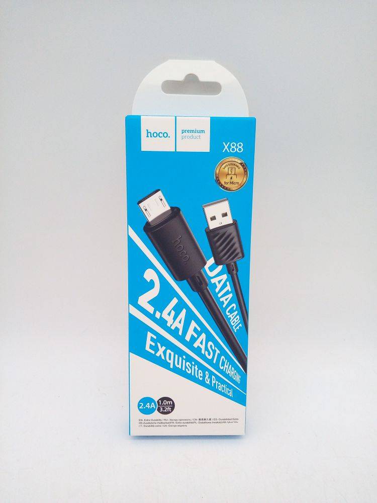 Кабель USB - микро USB HOCO X88 Gratified, 1.0м, 2.4A, цвет: чёрный (07865)